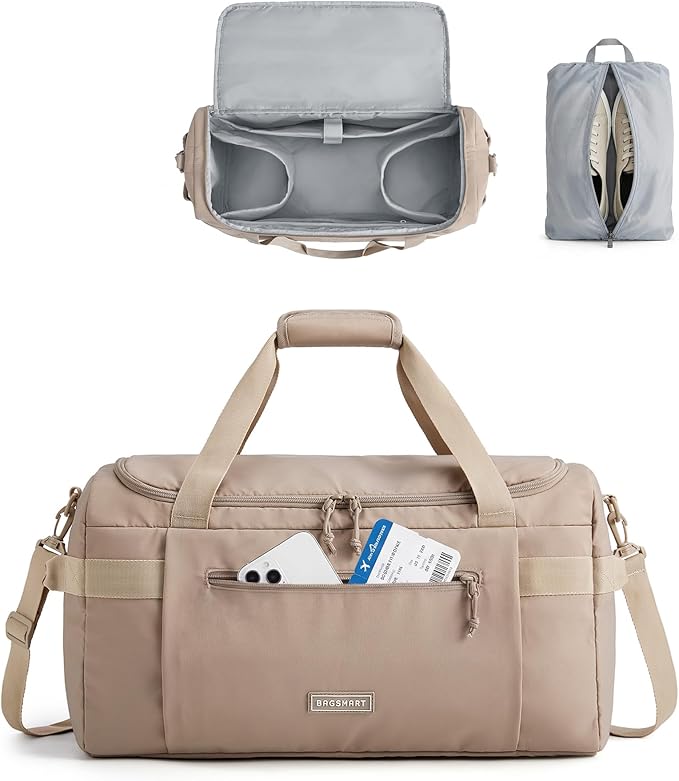 BAGSMART Travel Duffel Bags for Women, 32L Gym Duffle Bag with Laptop Compartment, Carry On Weekender Overnight Bag, Shoe Bag, PVC Wet Pocket, Brown
