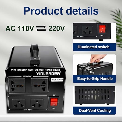 Yinleader Heavy Duty 2000W PRO 110V to 220V Voltage Converter Step Up/Down Power Transformer 110-120V/220-240V for 220/230/240V Global Appliances use in US