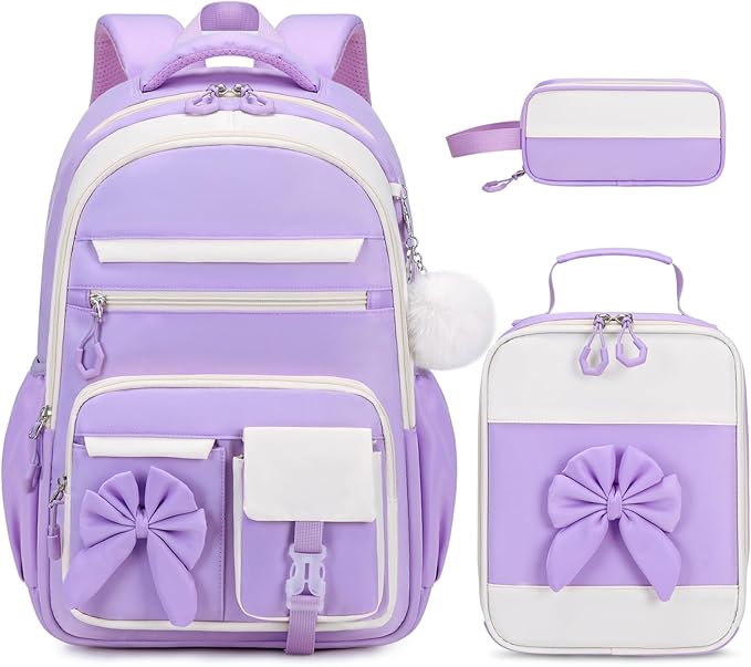 DIGOBAY Backpack for Girls, 3PCS Girls Backpack for School with Lunch Bag Pencil Case, Cute Kids Teens Bookbag for Kindergarten Elementary Preschool Middle School (Purple)