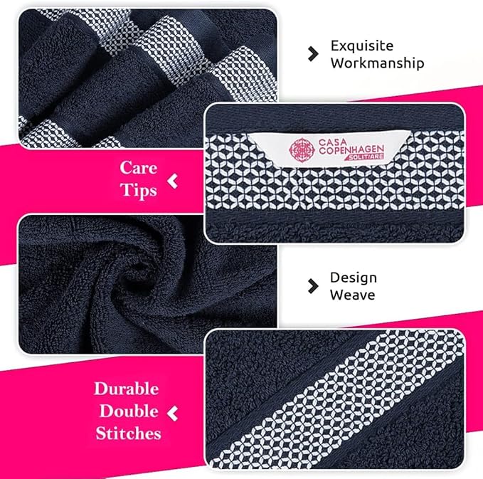 CASA COPENHAGEN Solitaire 6Pcs 100% Egyptian Cotton Large Designer Towels Gift Set- Blue, 600GSM, 2Bath 2Hand 2Washcloths, Bath Towels for Bathroom Set for Women & Men