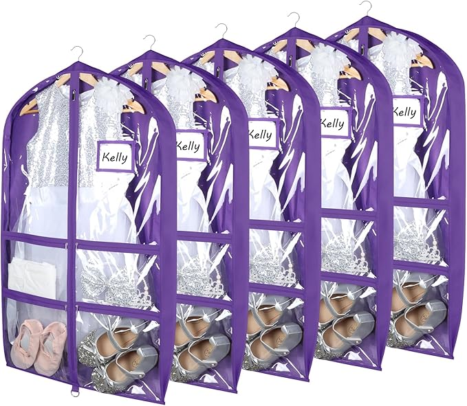 Syeeiex 3" Gusseted Clear Dance Costume Garment Bag(5 Pack), 40'' Dance Garment Bags for Dancers with 4 Zipper Pockets & Can Hold 1-3 Dance Costumes - Suitable for Dance Competitions, Ballet(Purple)