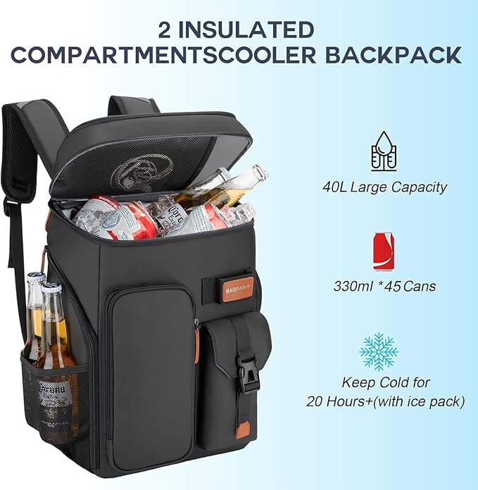BAGPARKK Insulated Cooler Backpack,33/45 Cans Multifunctional Double Deck Leakproof Cooler Bag with Sternum Strap,Large Capacity Lightweight Travel Camping Beach Backpack