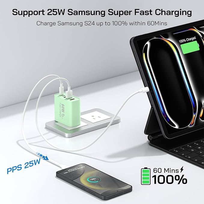 2Pack USB C Fast Charger Block, Total 60W 5-Port USB C Wall Charger 30W Type C Charging Block, 2USB C+3USB A PD 3.0 Multiport Charging Cube for iPhone 17 16 15 14 Pro Max, G-alaxy S26 S25 Ultra, i Pad