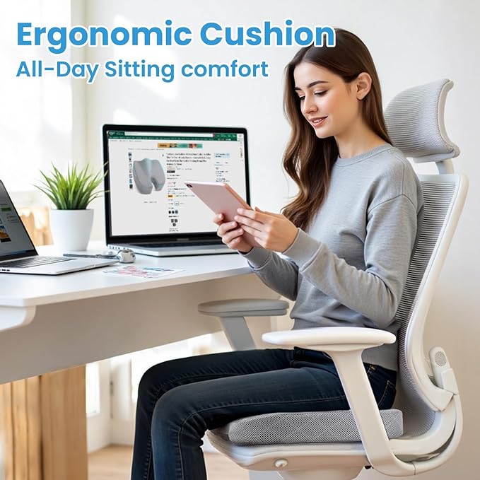 TushGuard Office/Car Seat Cushion, Non-Slip Sciatica & Back Coccyx Tailbone Pain Relief Chair Pad, Memory Foam Butt Pillow for Computer Desk, Wheelchair, Driving (Light Grey, XX-Large)