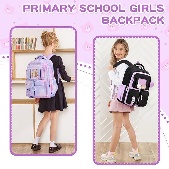PIG PIG GIRL Kids Backpack for Girls School Bags for Middle School Students Book Bag for Elementary Primary Kawaii Ita Backpack, Black and Purple