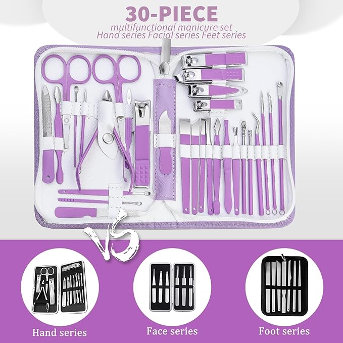 Manicure kit for Women Personal Nail Care Kit, 30 in 1 Professional Stainless Steel fingernail and toenail Clippers,Pedicure Kit and Beauty Tools Portable Set with Luxurious Travel Case (Purple)