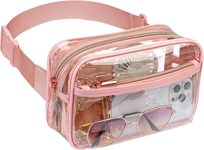 Packism Clear Fanny Pack Stadium Approved - Plus Size 35-51 inches Adjustable Strap Clear Belt Bag for Women Men Transparent Waist Bag for Concerts, Sporting Events, Pink