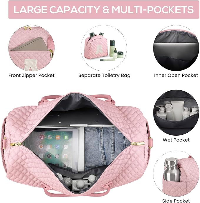 Letter Weekender Bags for Womens- Duffle Bag with Shoe Compartment Personalized Overnight Bag with Toiletry Bag Duffel Bags for Gym Hospital Bags Gift for Women Pink (Letter A)