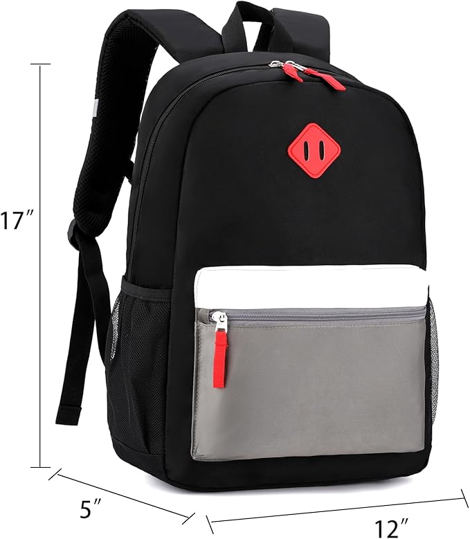 Backpack Set for Girls Boy Kids Backpack with Lunch Box for Elementary Primary Kindergarten School Bag (Black Grey Set, Large)