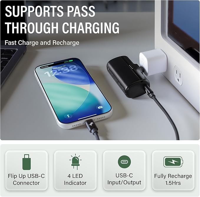 Nimble Bump 5K 20W Fast Charging Portable Charger with Foldable Built-in USBC Connector, Mini Travel Power Bank Battery Pack Compatible with iPhone, Samsung Galaxy, iPad, & USB-C Devices - White