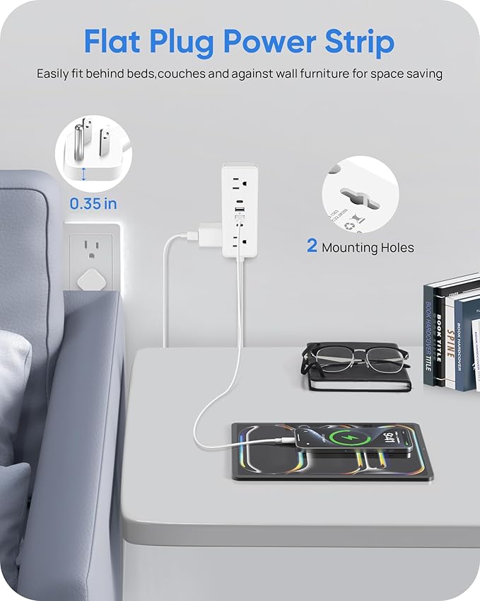 Electrical Outlet Extender Stick, Features 4 USB & 6 Outlets, 19in Flexible Extension Cord Access Hard-to-Reach Outlets, Wall Plug Power Socket Expander Nightstands Sofa Desk
