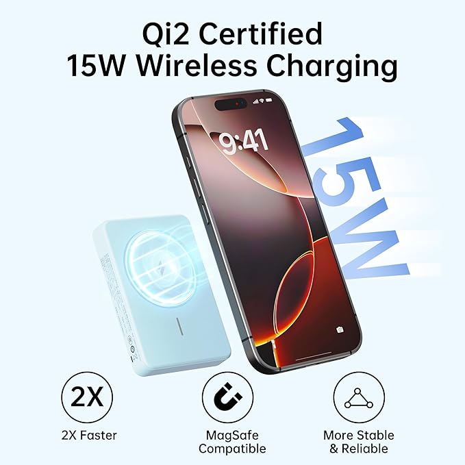 for Magsafe Battery pack,10000mAh Magnetic power bank,Wireless portable charger with stand,Wireless compatible with iPhone12-16 series,Type C and USB20W fast charging for Android Samsung Black