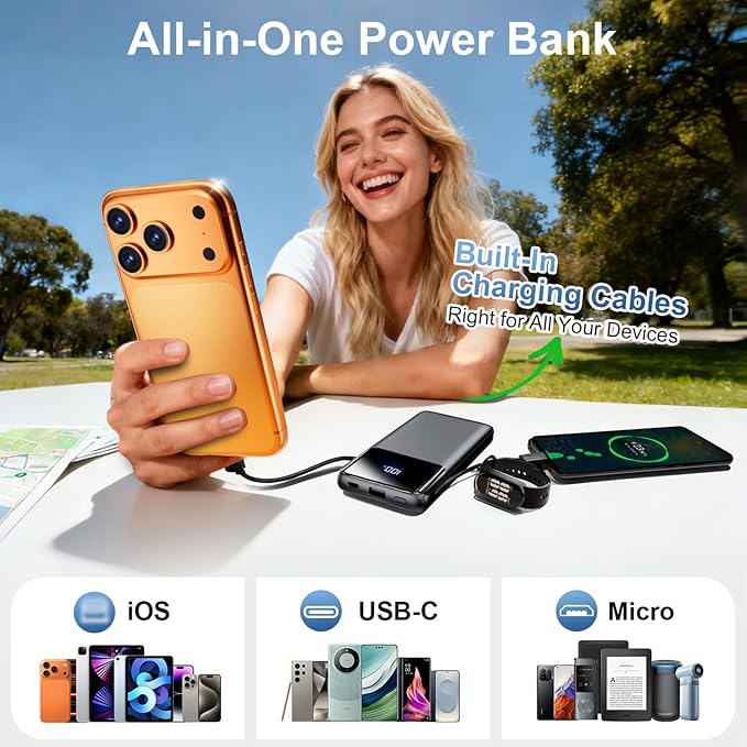 Portable Charger Power Bank with Built-in Cables and Wall Plug, 10000mAh Slim USB-C Battery Pack, 15W Fast Charging Travel Essential Portable Phone Charger Compatible with iPhone, Samsung (Black)