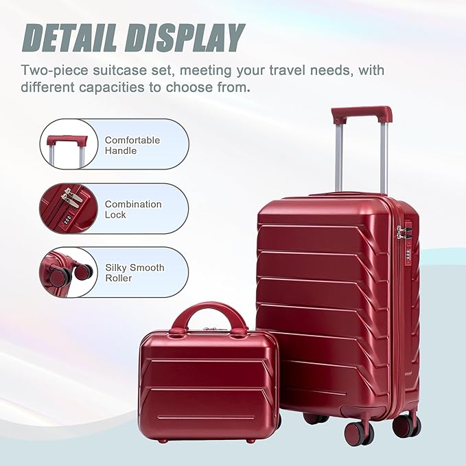 Kids Luggage Sets for Girls, 2 Piece Luggage Set, 20 Inch Rotating Wheel Suitcase with 14 Inch Cosmetic Case, Lightweight Hardshell Suitcase with 360° Spinner Wheels for Travel (Red)