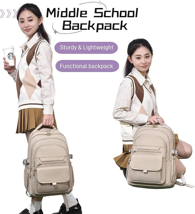Backpack for Girls, Solid-Color School Backpack for Boys Kids, Aesthetic Girls Bookbag for Elementary School Travel Daypack,Khaki