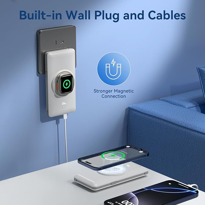 Magnetic 10000mAh Portable Charger for iWatch & iPhone, PD Fast Charging Wireless Power Bank Built-in Cables and Wall Plug, External Travel Battery Pack Compatible with iOS Android Phones