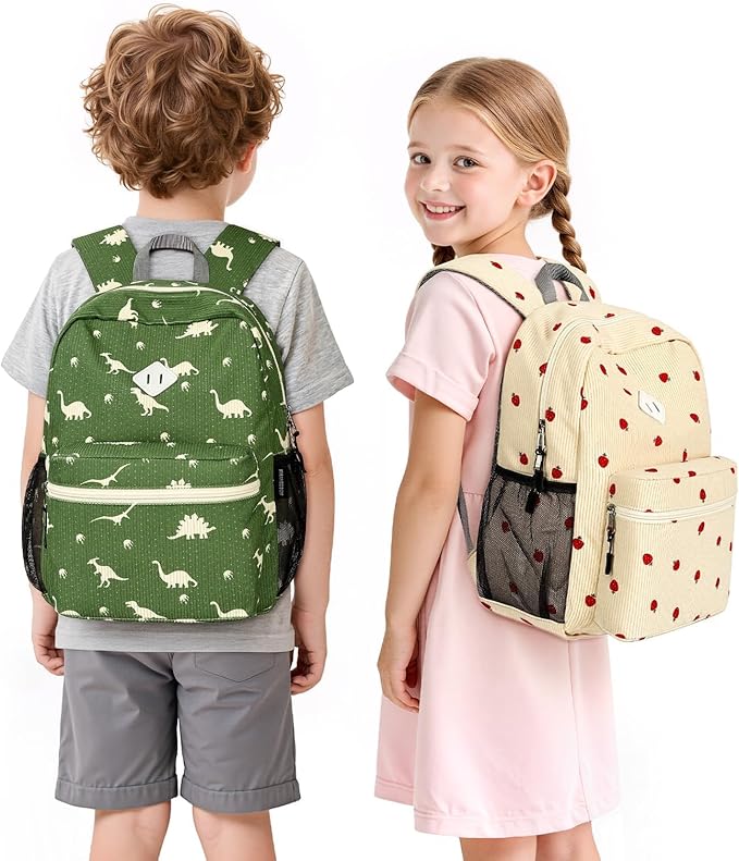 STEAMEDBUN Corduroy Kids Backpack for Girls Boys 3-8, Girls Backpack for Elementary Kindergarten - Strawberry