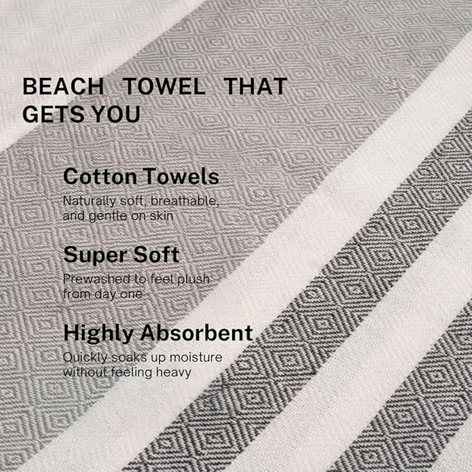 Cotton Turkish Beach Towel with Towels Oversized 36"x72" Pool Absorbent Extra Large Quick Dry Sand Travel Towel (Mélange Drift, 4 Pack)