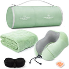 urnexttour Travel Pillow and Blanket Set Neck Pillows Soft Blankets with Sleep Mask Travel Essentials for Airplane Car Memory Foam Sage Green