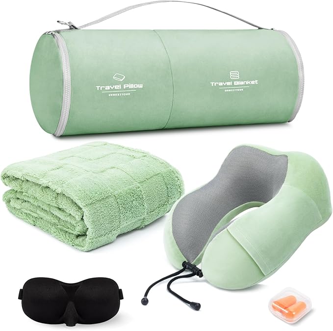 urnexttour Travel Pillow and Blanket Set Neck Pillows Soft Blankets with Sleep Mask Travel Essentials for Airplane Car Memory Foam Sage Green