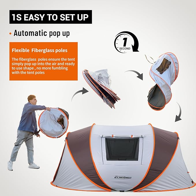 EchoSmile Pop Up Camping Tent, 2/4/6 Person Easy Setup Tent, Water Resistant Dome, Portable with Carry Bag