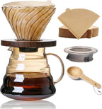 Pour Over Coffee Maker Set 20 oz, 600 ml Borosilicate Glass Coffee Server with Glass Lid, 50 pcs Paper Filter, Walnut Handle Pour Over Coffee Dripper for Home Café Restaurant, Gold