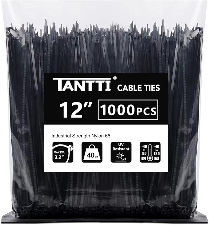 Zip Ties 12 inch, Black Zip Ties 1000 pack, 40lb, Cable Ties, Self-locking Wire ties for indoor and outdoor use, by Tantti