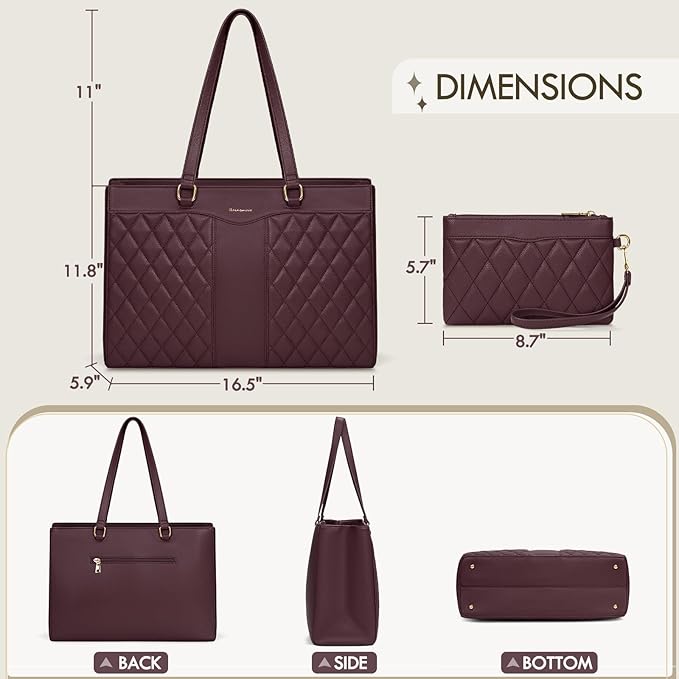 RAINSMORE Laptop Bag for Women 15.6 Inch Work Tote Bags Leather Laptop Tote Professional Laptop Purse Computer Handbag Womens Briefcase Tote with Clutch for Teacher Office Travel, Dark Purple