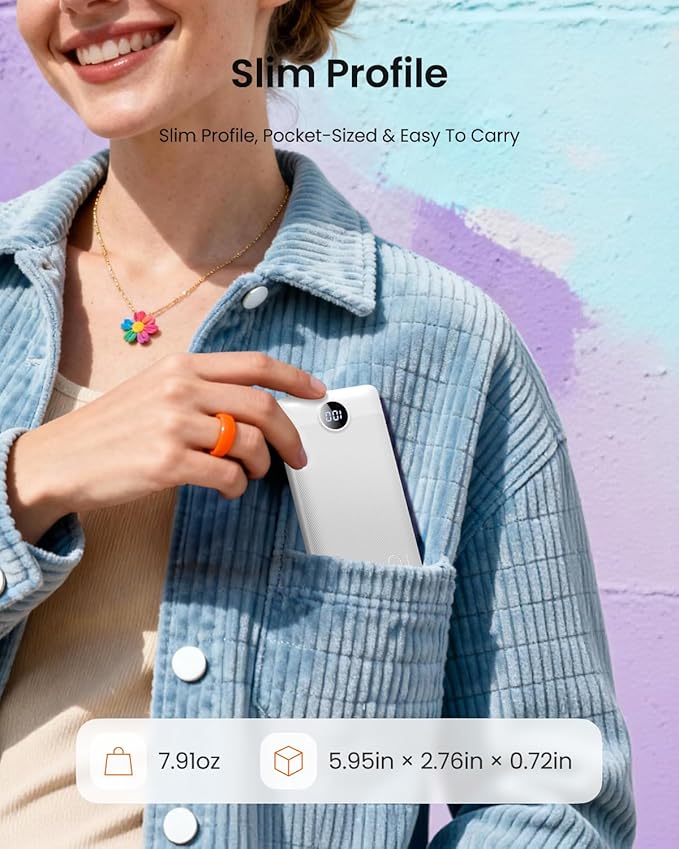 Portable Charger with Wall Plug, Slim USB C Power Bank with Built-in Cables, 10000mah LED Display External Battery Pack Compatible with iPhone/Android & More(White)