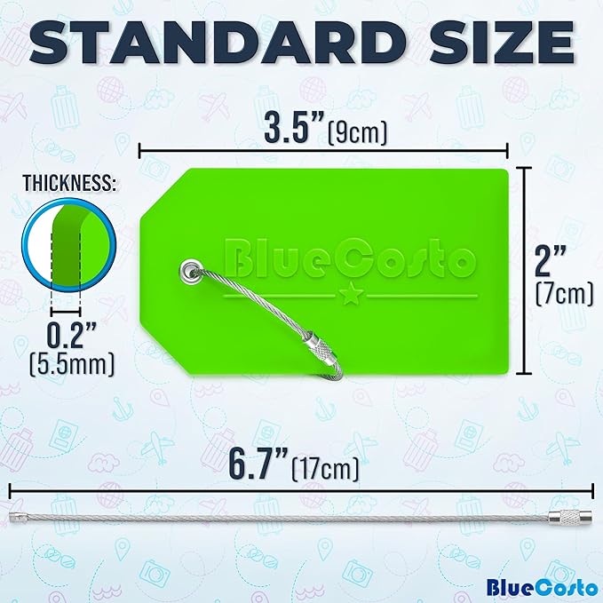 BlueCosto - Luggage Tags - Large, Green, 25 PK - Bulk PVC Suitcase Tags w/Privacy Cover & Stainless Steel Wire Loops - Multipack Personalized Baggage Identifiers for Travel - Backpack Name Labels