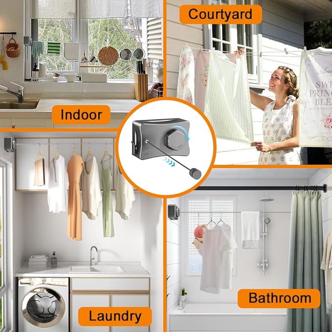 Retractable Clothesline Indoor Outdoor Clothes Line Kit, Heavy Duty Clothes Drying Laundry Line 16.7ft Wall Mounted Drying Rack Non-Sagging Air Dry Clothing Travel Clotheslines (Metal Grey)