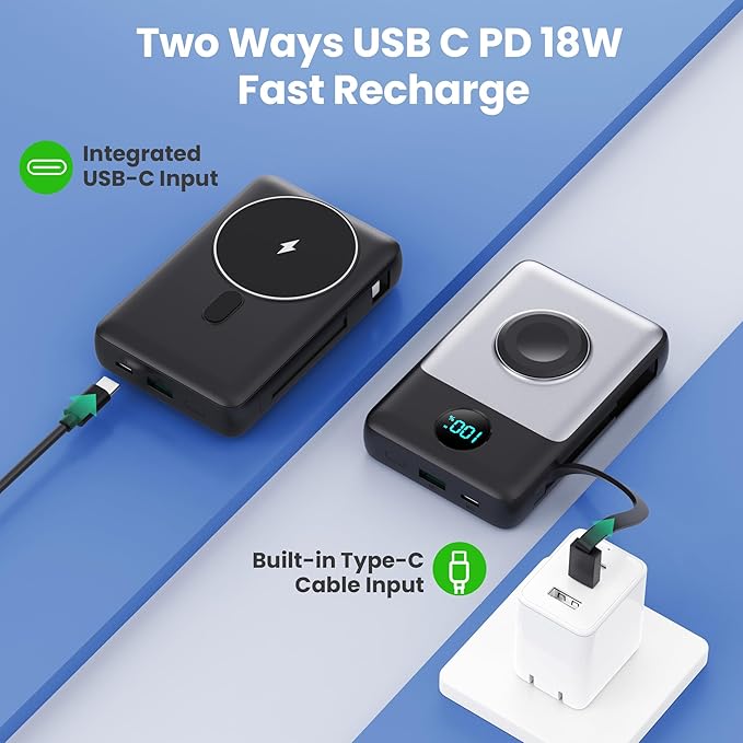 6 in 1 Magnetic Portable Charger for iPhone with Built-in Cables, 10800mAh 25W PD Fast Charging Power Bank, 6 Outputs LCD Display Travel Essential Battery Pack for iPhone 17/16/15/14/13/12,Apple Watch