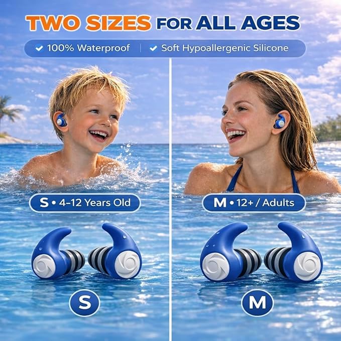 Waterproof Swimming Ear Plugs for Kids - 3 Pairs of Reusable Soft Silicone Swim Earplugs,Ear Protection for Children (4-12 Years Old) - Ideal for Surfing, Diving, Pool, Showering, and Water Sports