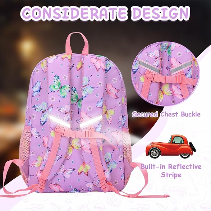 VASCHY Toddler Backpack Lunch Bag Set, Girls School Bookbag Insulated Lunch Box for Kids Preschool,Daycare,Kindergarten,Elementary School Butterfly