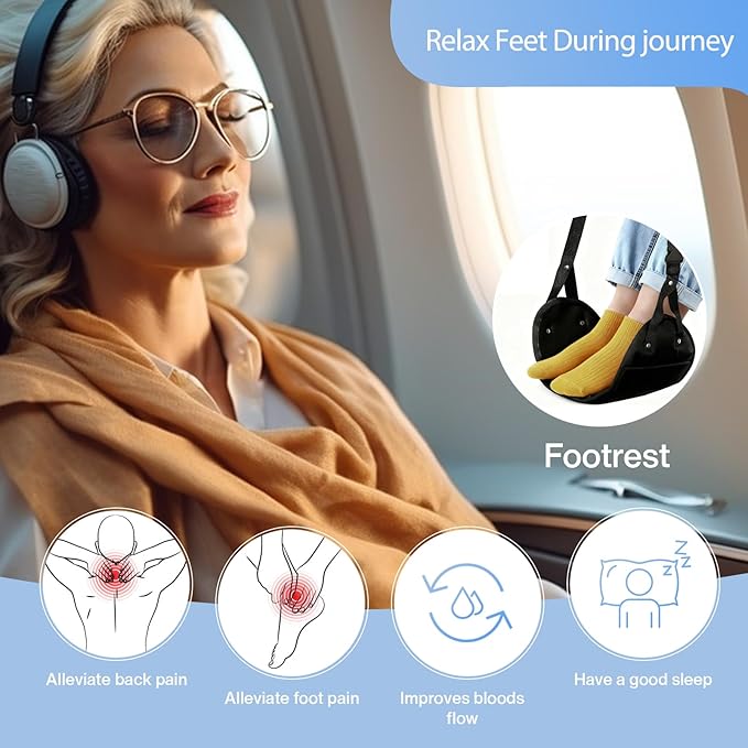 Airplane Travel Foot Hammock, Adjustable Footrest for Long Flight Trip, Travel Essentials to Relax Feet, Black