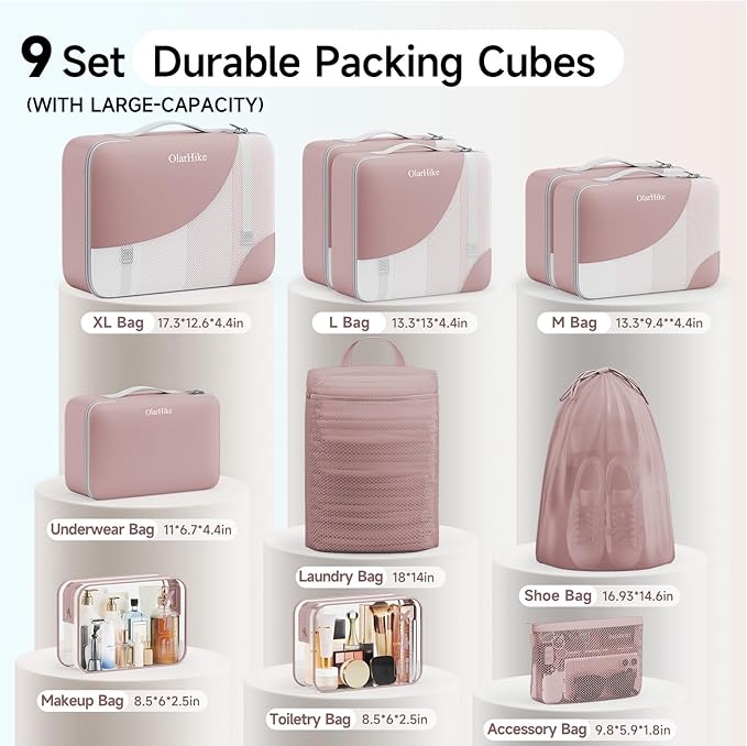 9 Set Packing Cubes for Travel, Gifts for Women Mom,Anti-Tearing Suitcase Organizer,OlarHike Vacation Essentials & Accessories for Cruise Ship
