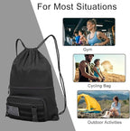 seyfocnia Drawstring Backpack Tactical String Bag with Zipper Pockets Waterproof Cinch Bag Sport Gym Sackpack - Black