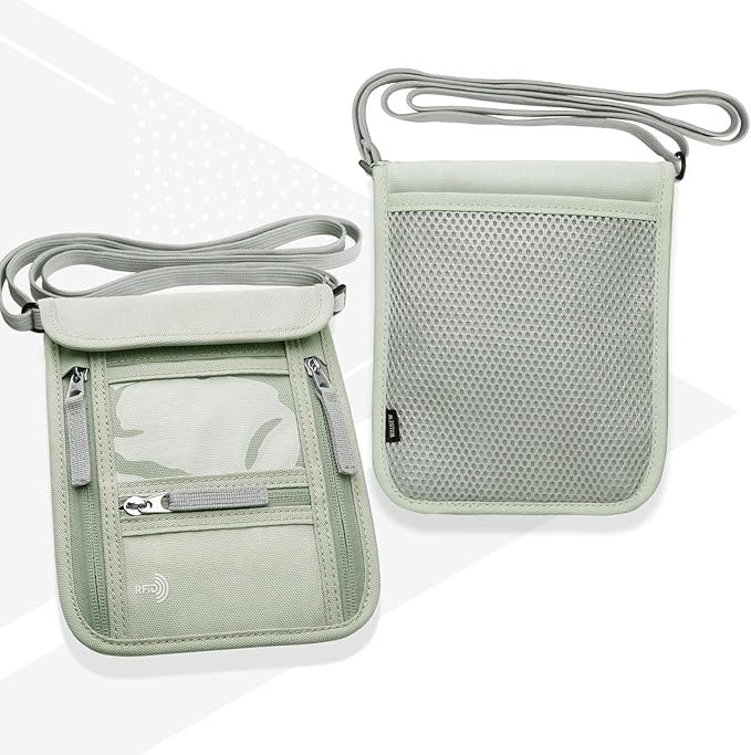 WALNEW Passport Holder Neck Pouch Travel Wallet for Women and Men, RFID Blocking Security Slim Traveling Wallet with Around Neck Lanyard Strap, Light Green