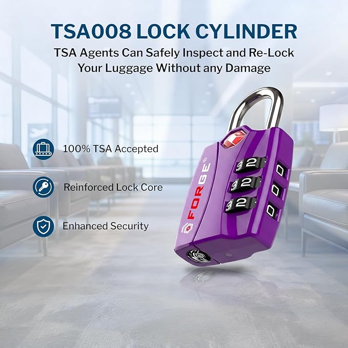 Forge Open Alert TSA Approved Luggage Locks - 3 Digit Combination, Easy Read Dials, Zinc Alloy Body - Ideal Travel Lock for Luggage, Suitcases, Bags & Toolboxes (Purple 2 Locks)