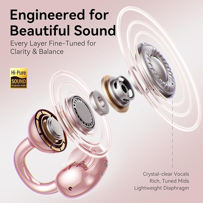 Kinglucky Clip-On Open Ear Earbuds with Detachable Diamond Earrings, Bluetooth 5.4 Open Ear Wireless Headphones for Women, 40H Playtime, Comfortable Small-Ear Fit, Rose Gold