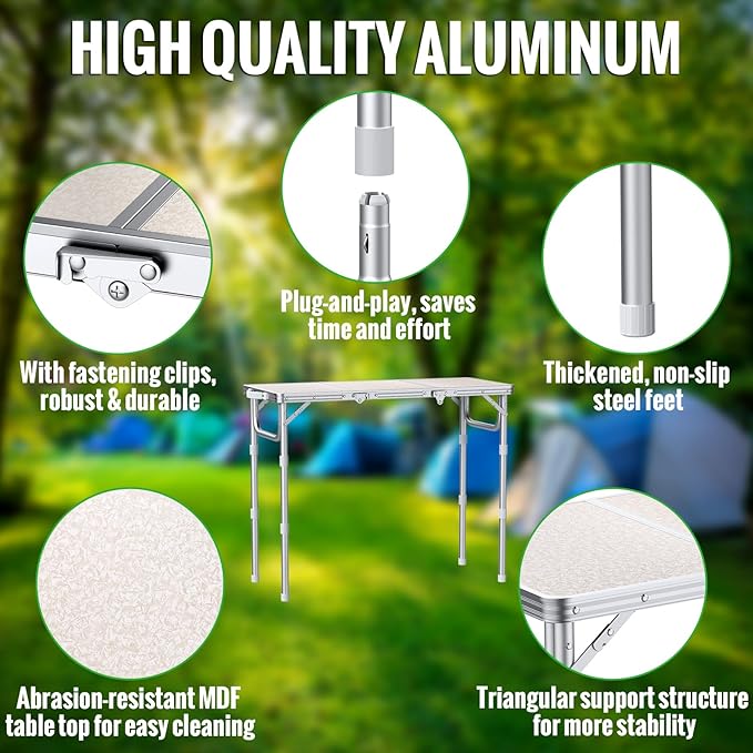 GARLLEN Folding Camping Table, 3-Height Adjustable Portable Folding Camping Table with Storage Bag, Lightweight Picnic Aluminum Table for Camping, BBQ, Outdoor, 34.2" L x 15.7" W, Silver