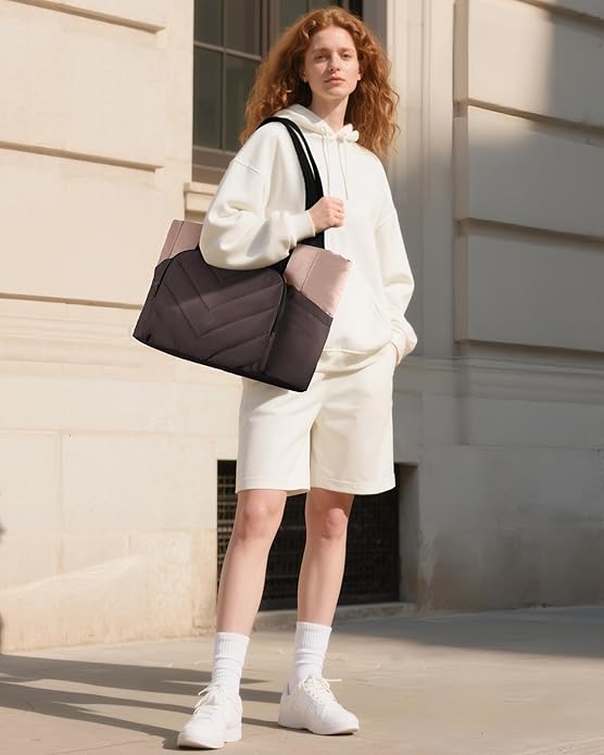 LOVEVOOK Puffer Tote Bag for Women, V-Quilted Puffy Teacher Tote Nurse Bag, Large Shoulder Laptop Purse for Work Travel Gym