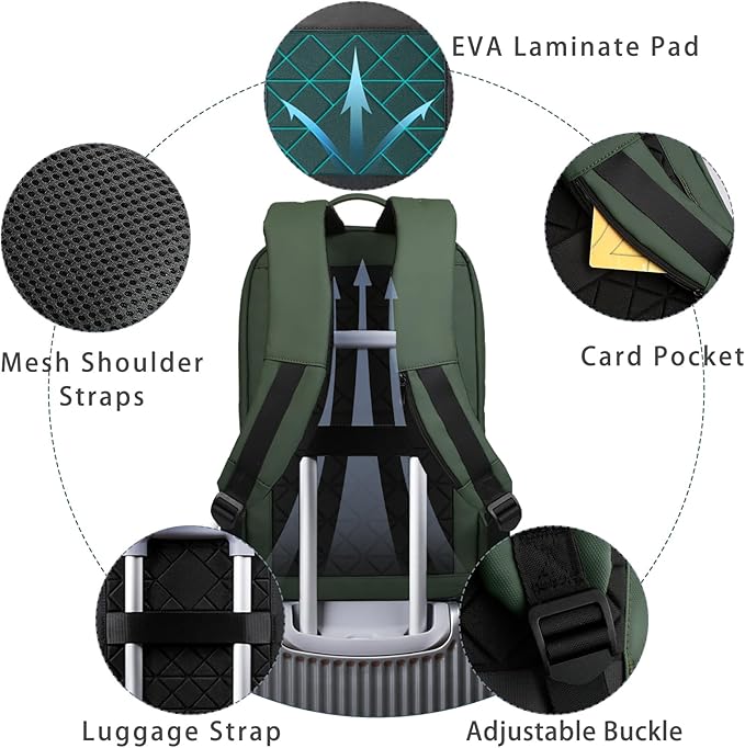 hk Backpack for Men Business Slim Backpack with USB Charger Computer Lightweight Anti-theft Travel (Green, 15.6 Inch)