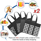 WISELIFE Reusable Grocery Shopping Bags 10 Pack Large Foldable Tote Bags Bulk, Eco Produce Bags with Long Handle for Shopping Groceries Clothes (Plaid D)