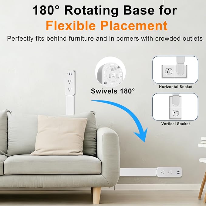 Outlet Extender Stick - Features USB-A, USB-C and 2 AC Outlets, Extends 22"-34", Rotates 180° Access Hard-to-Reach Outlets, Wall Plug Power Socket Expander Nightstands, Sofa, Desks and More