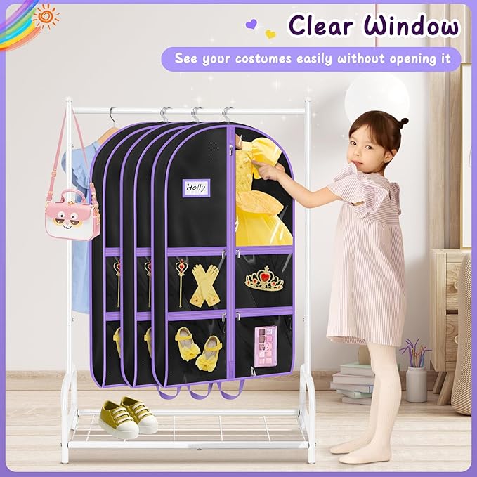 MISSLO Dance Garment Bags for Dancers with 4 Pockets Garment Bags for Dance Costumes 40" Cheer Uniform Garment Bag Hanging Kids Garment Bag for Recital, Competition, Travel, Storage, 3 Packs