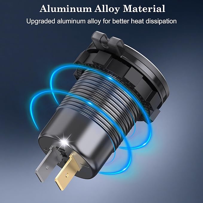 12V 24V 36V 48V 60V High Voltage USB Outlet Aluminum Car Socket, PD 36W and QC 36W Car Port Outlet Waterproof Cigarette Lighter Power Adapter DIY Kit with Button Switch for Boat Golf Cart, etc.