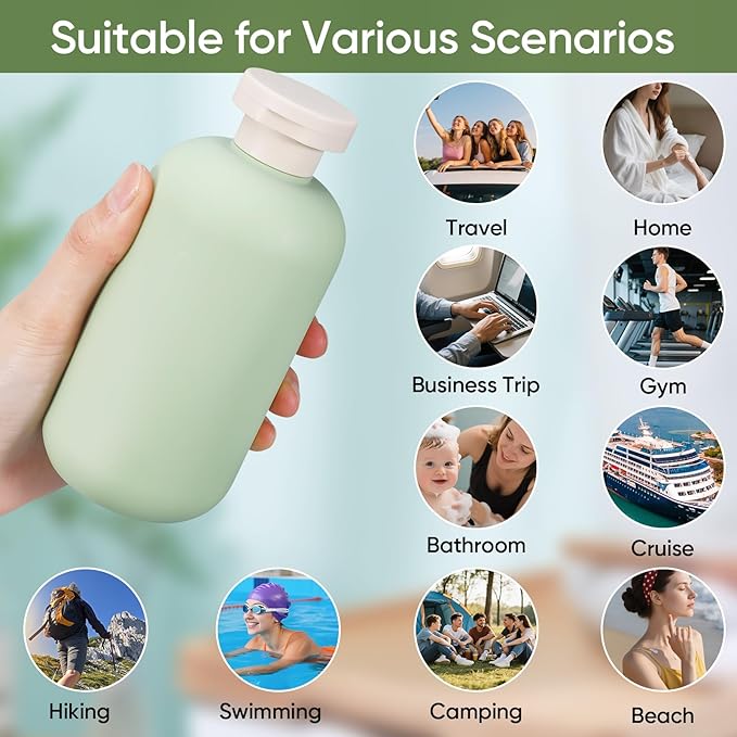 DEMORA 6.6oz Travel Bottles for Toiletries, Larger Plastic Travel Squeeze Bottles Leak Proof Refillable Toiletry Containers with Flip Caps and Labels for Shampoo Conditioner Lotion (Green, 4 Pcs)