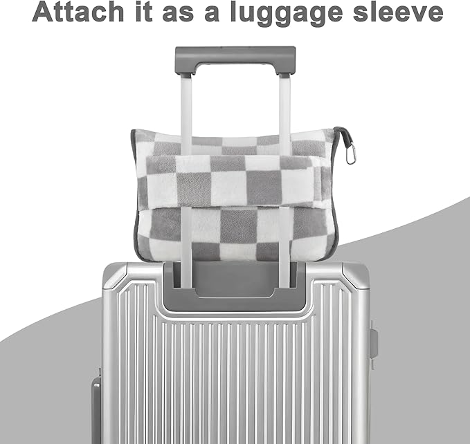 Travel Blanket and Pillow Compact, Premium Soft 2 in 1 Airplane Blanket with Soft Bag Pillowcase，Hand Luggage Sleeve and Backpack Clip (Grey Checkered)