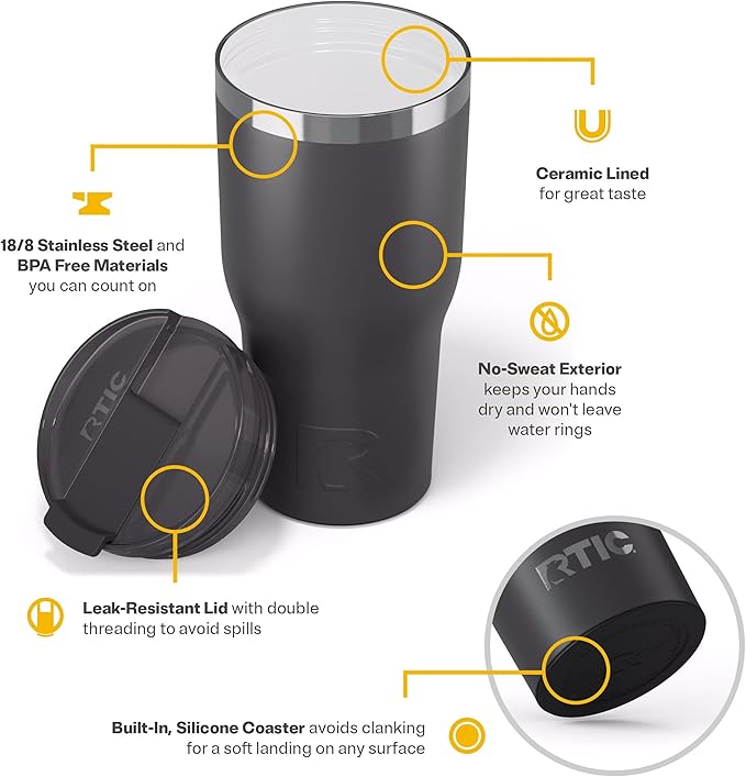 RTIC 30oz Essential Tumbler with Lid, Ceramic Lined, Insulated, Stainless Steel, Metal, Double Wall Vacuum-Insulation, Travel Cup for Iced Coffee, Tea, Hot and Cold Drink, Graphite
